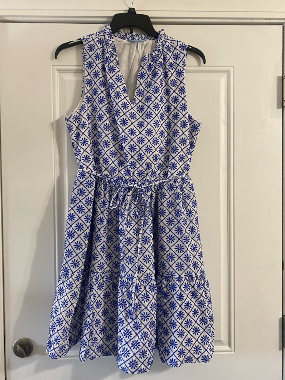 Draper James Blue and White Sleeveless Tie-Waist Midi Dress